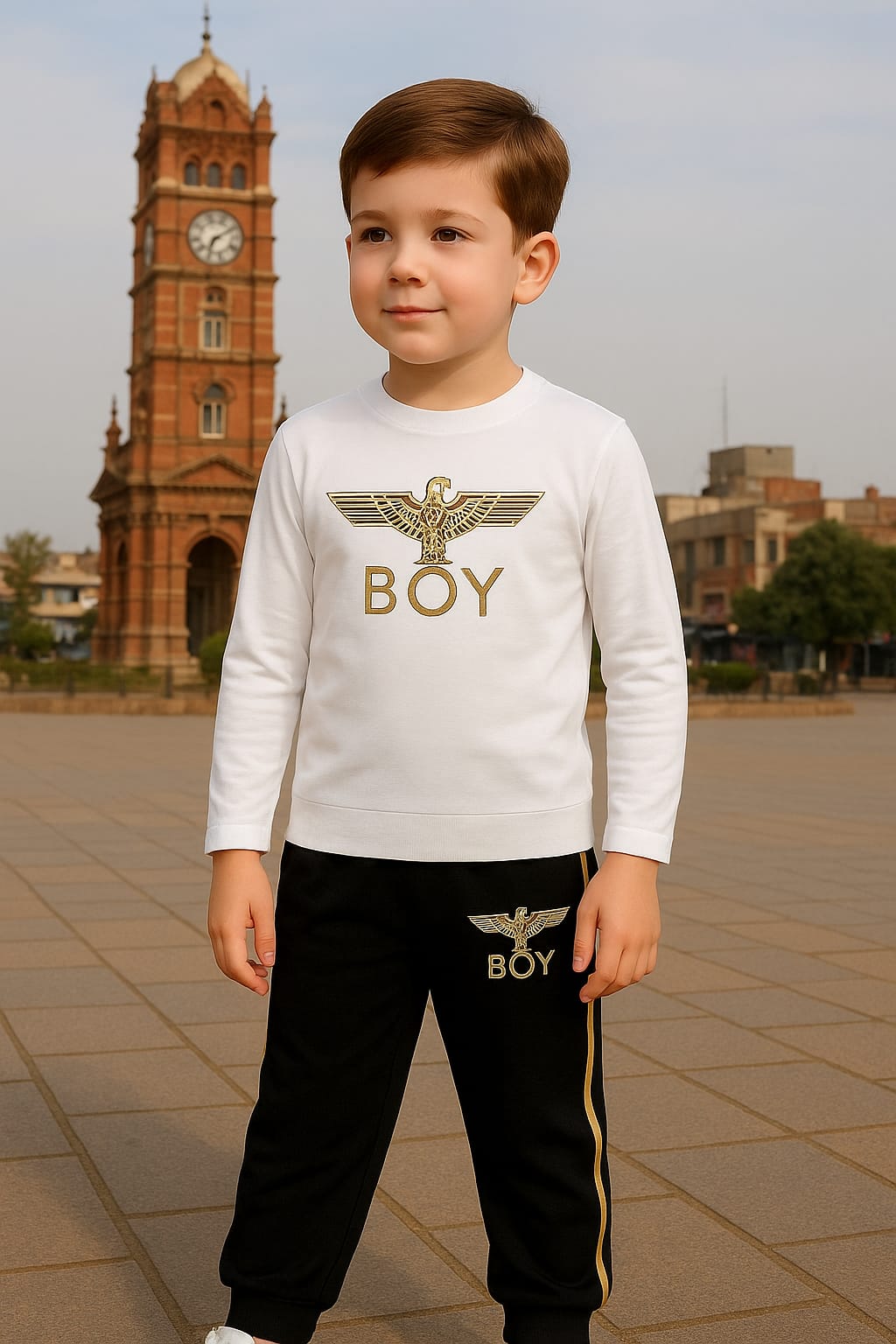 Premium Boys' Winter Tracksuit Set – Iconic BOY Logo (White & Black)