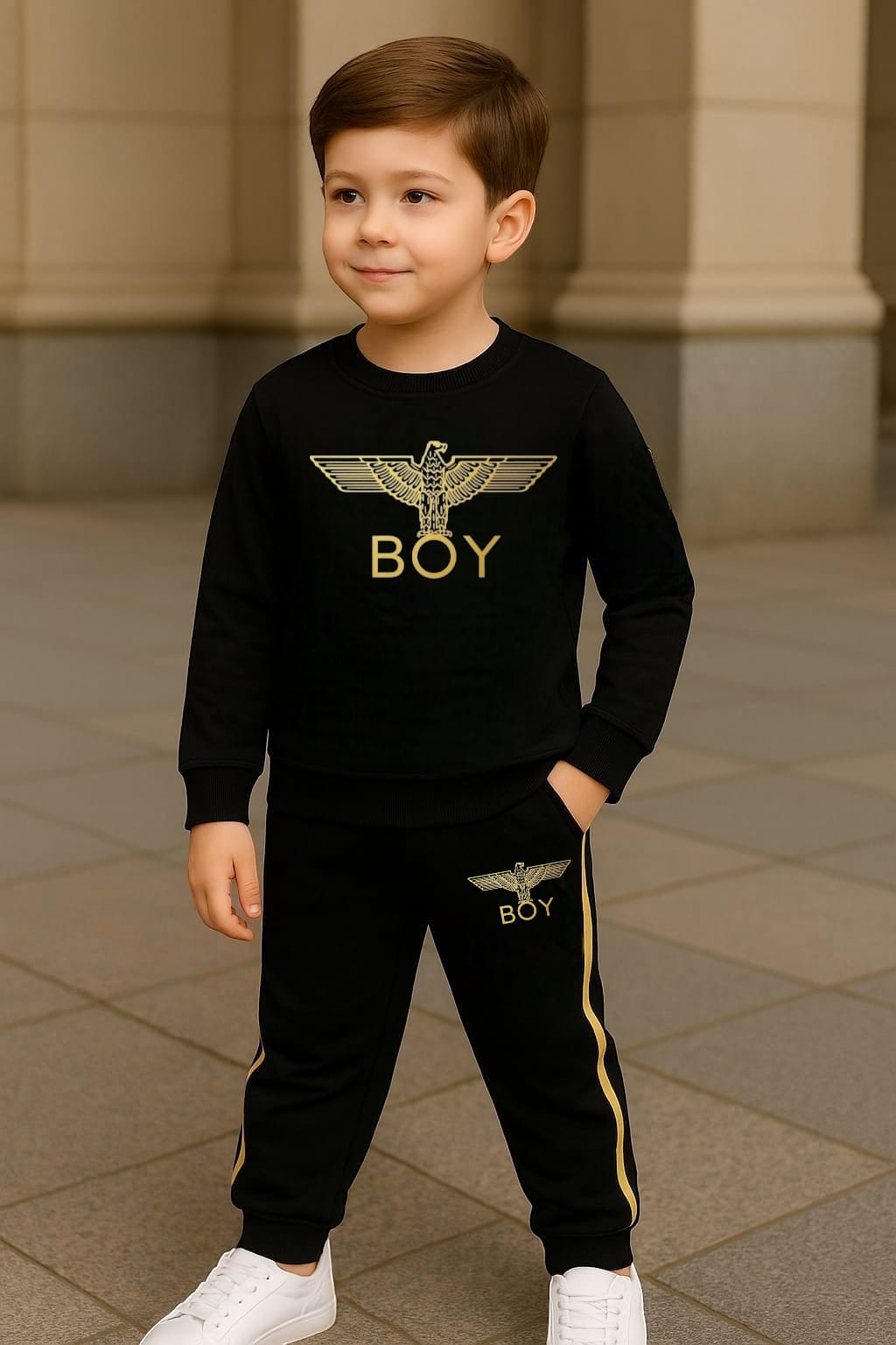Premium Boys' Winter Tracksuit Set – Iconic BOY Logo (White & Black)
