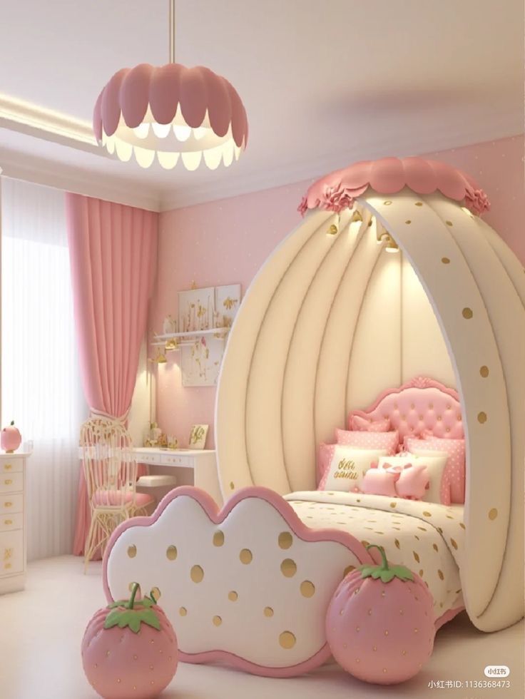 Princess Strawberry-Themed Canopy Bed for Kids